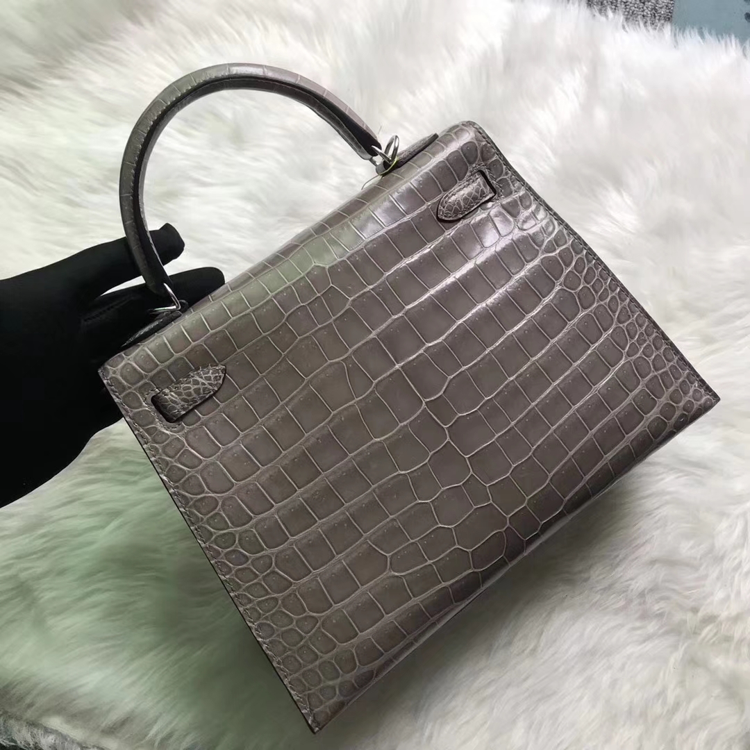 Luxury Hermes C81 Gris Tourterelle Shiny Crocodile Leather Kelly25CM Bag Silver Hardware
