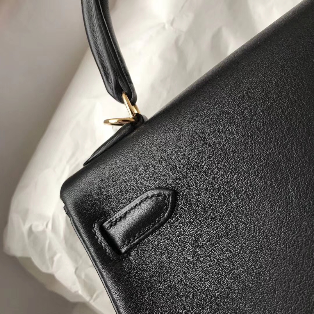 Elegant Hermes Swift Calfskin Kelly25CM Bag in CK89 Black Gold Hardware