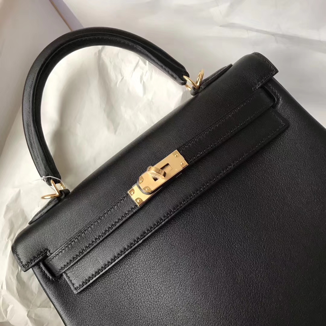 Elegant Hermes Swift Calfskin Kelly25CM Bag in CK89 Black Gold Hardware