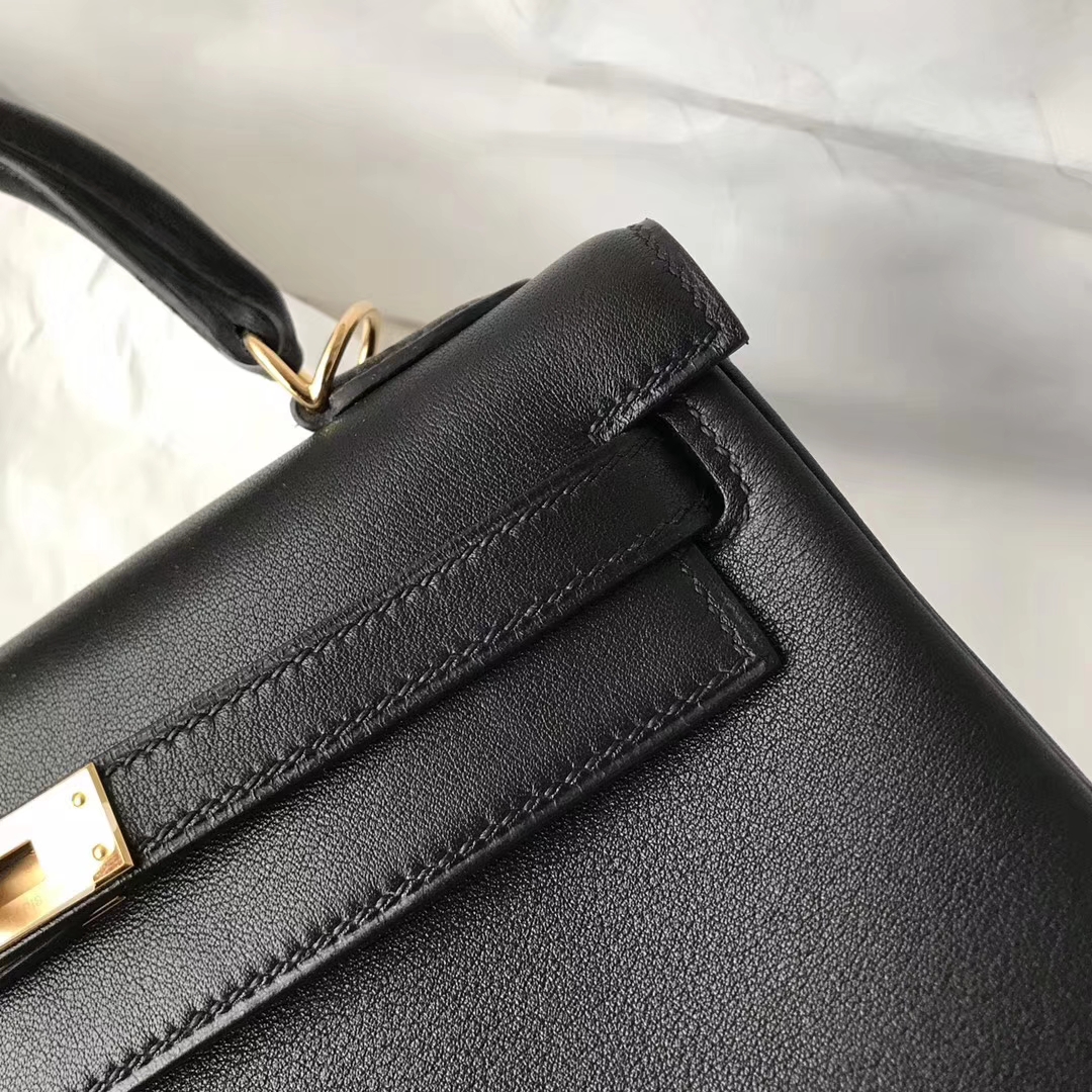 Elegant Hermes Swift Calfskin Kelly25CM Bag in CK89 Black Gold Hardware