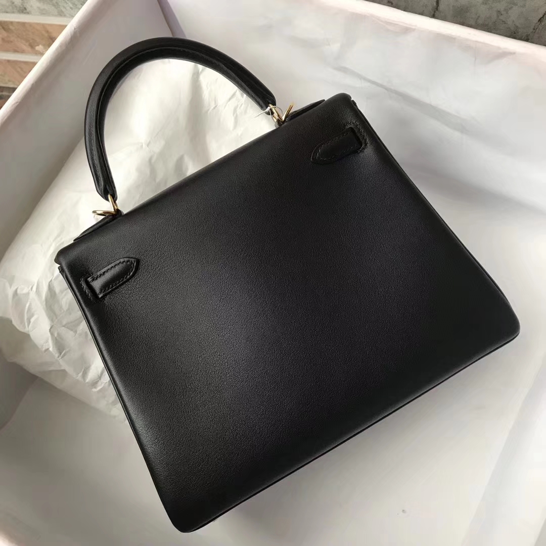 Elegant Hermes Swift Calfskin Kelly25CM Bag in CK89 Black Gold Hardware