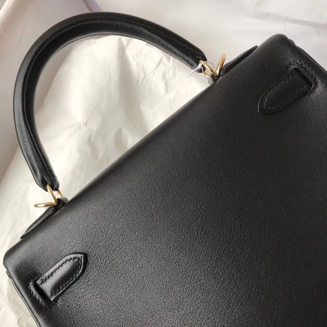 Elegant Hermes Swift Calfskin Kelly25CM Bag in CK89 Black Gold Hardware