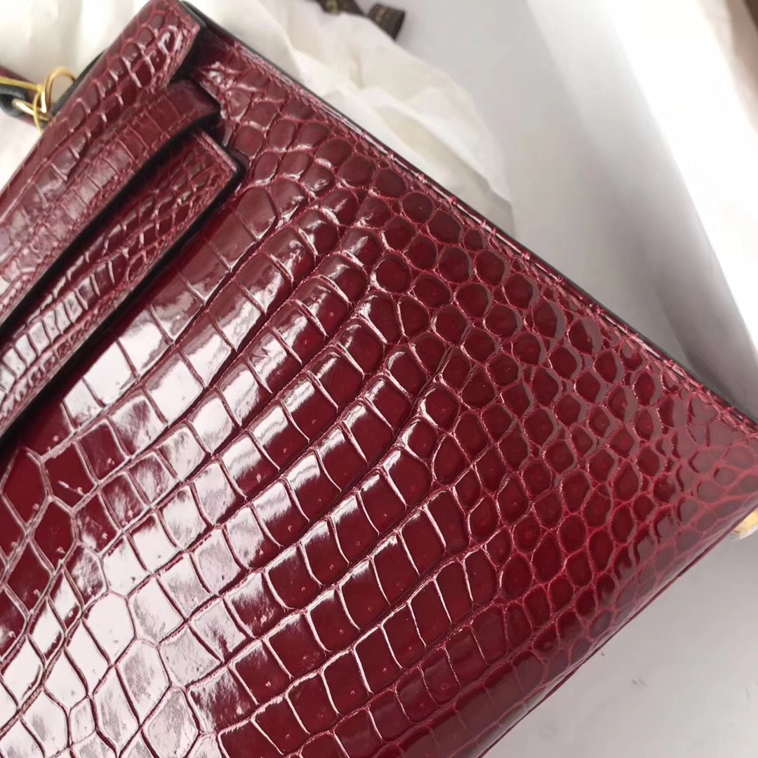 Pretty Hermes Shiny Crocodile Leather Kelly25CM Bag in F5 Bourgogne Red