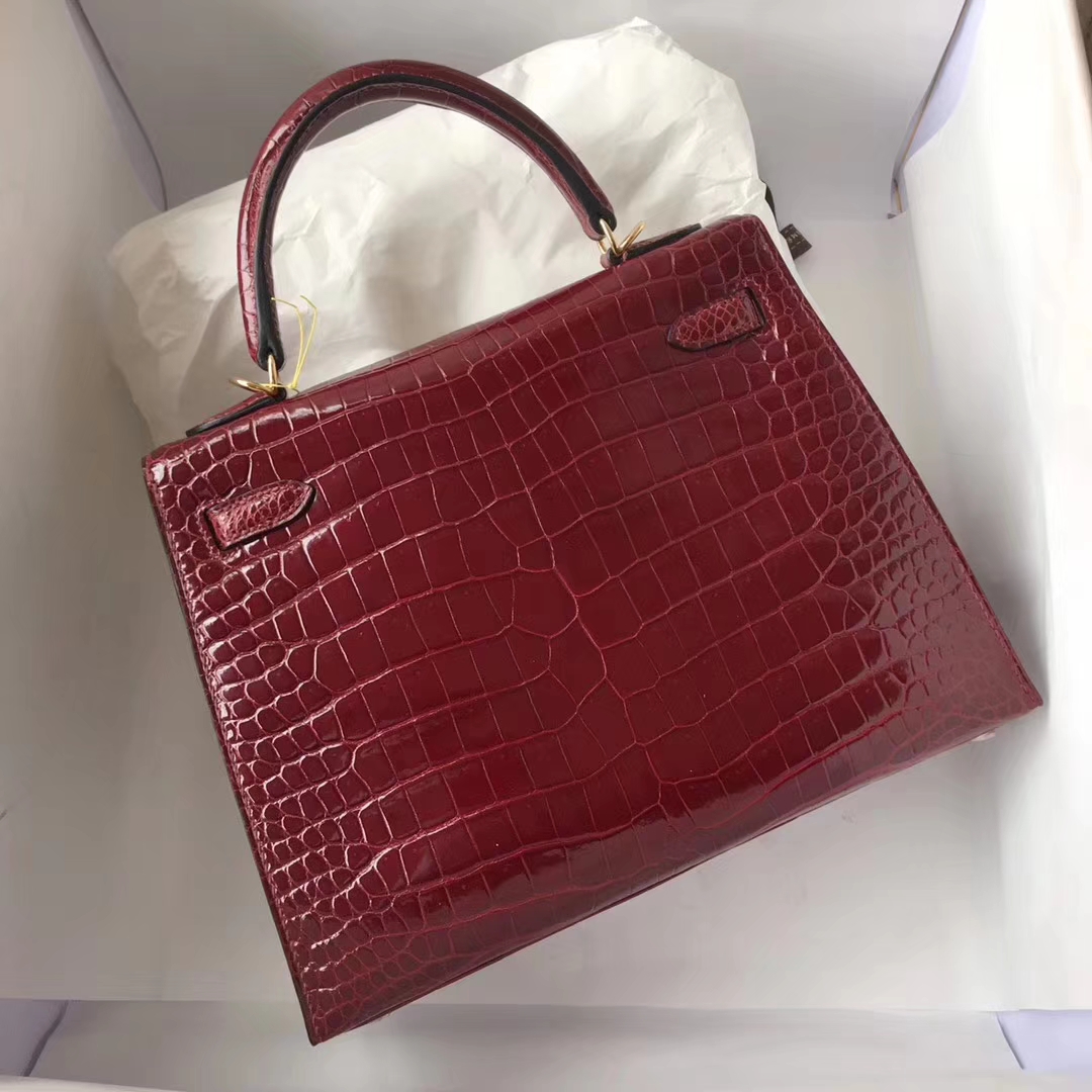Pretty Hermes Shiny Crocodile Leather Kelly25CM Bag in F5 Bourgogne Red