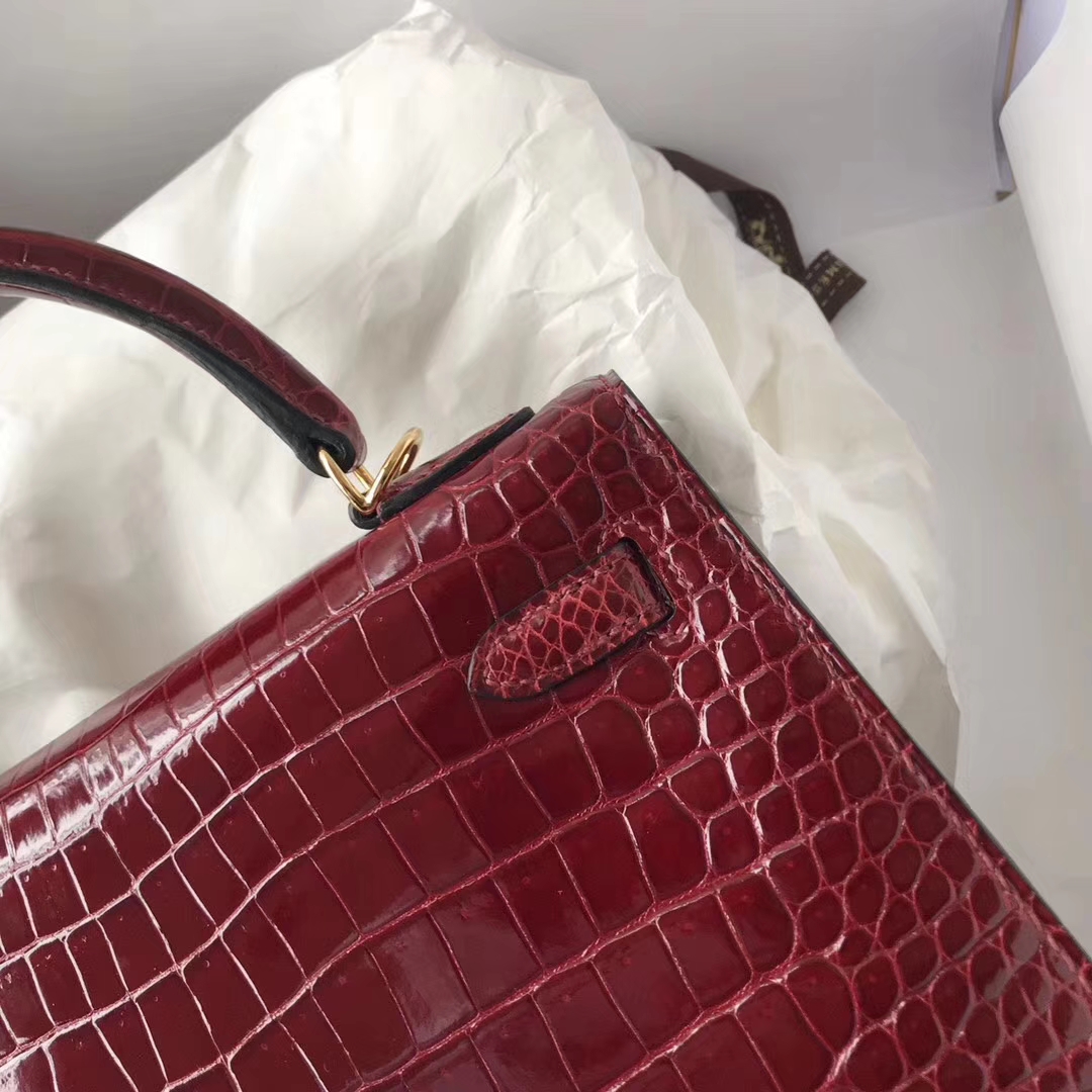 Pretty Hermes Shiny Crocodile Leather Kelly25CM Bag in F5 Bourgogne Red