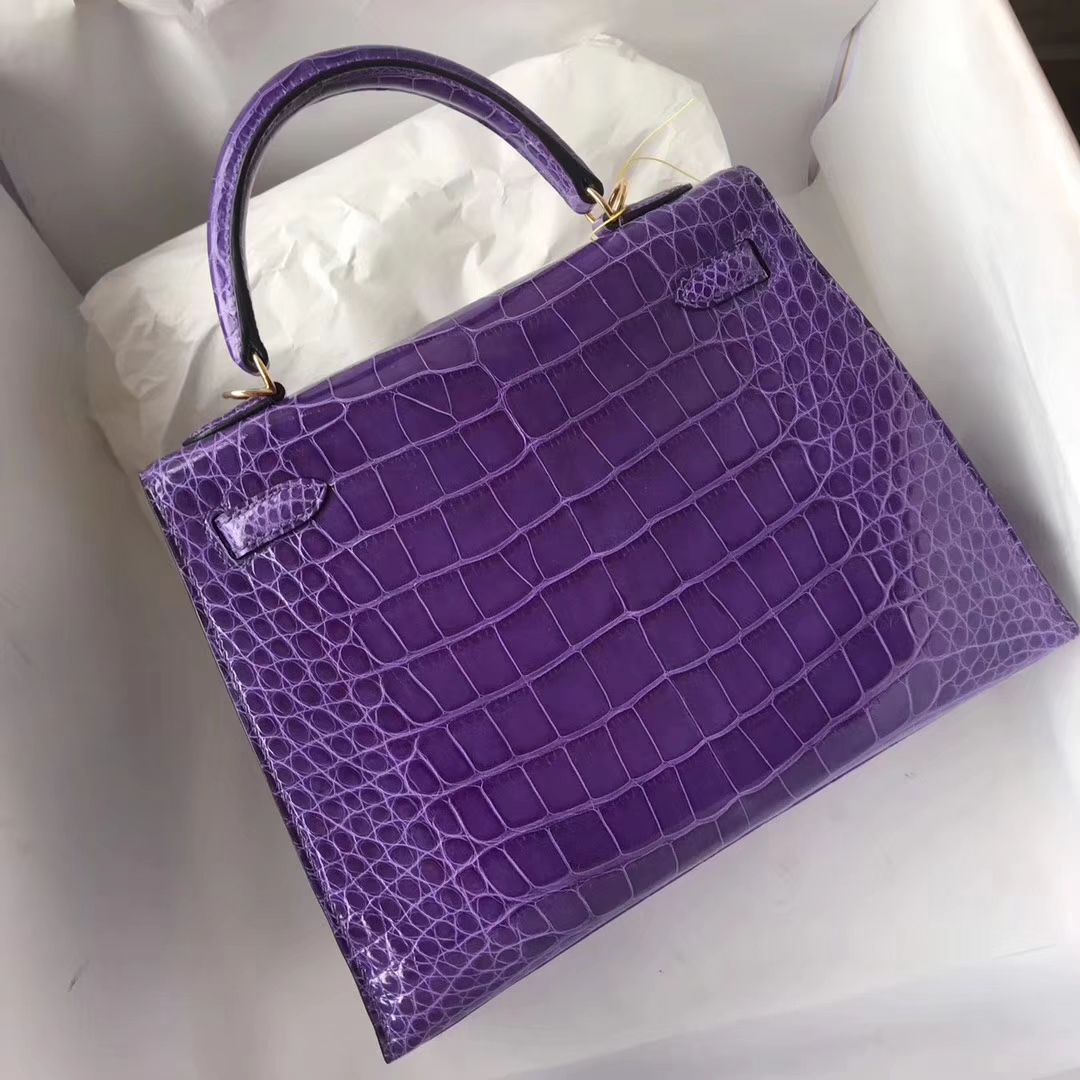 Elegant Hermes 5L Ultraviolet Alligator Shiny Crocodile Kelly Bag25CM Gold Hardware