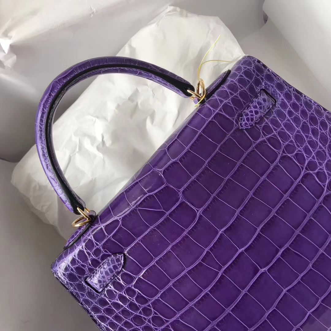Elegant Hermes 5L Ultraviolet Alligator Shiny Crocodile Kelly Bag25CM Gold Hardware