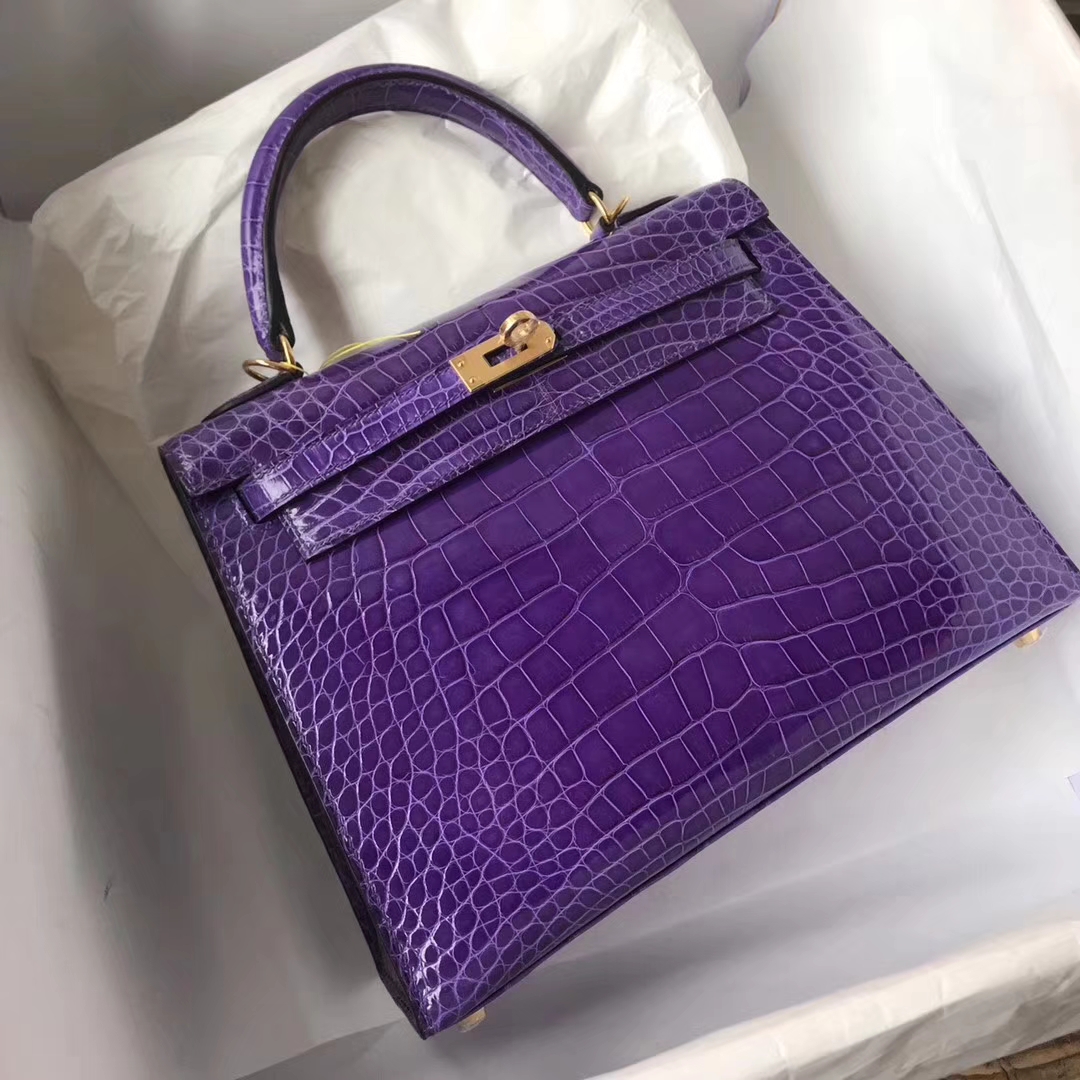 Elegant Hermes 5L Ultraviolet Alligator Shiny Crocodile Kelly Bag25CM Gold Hardware
