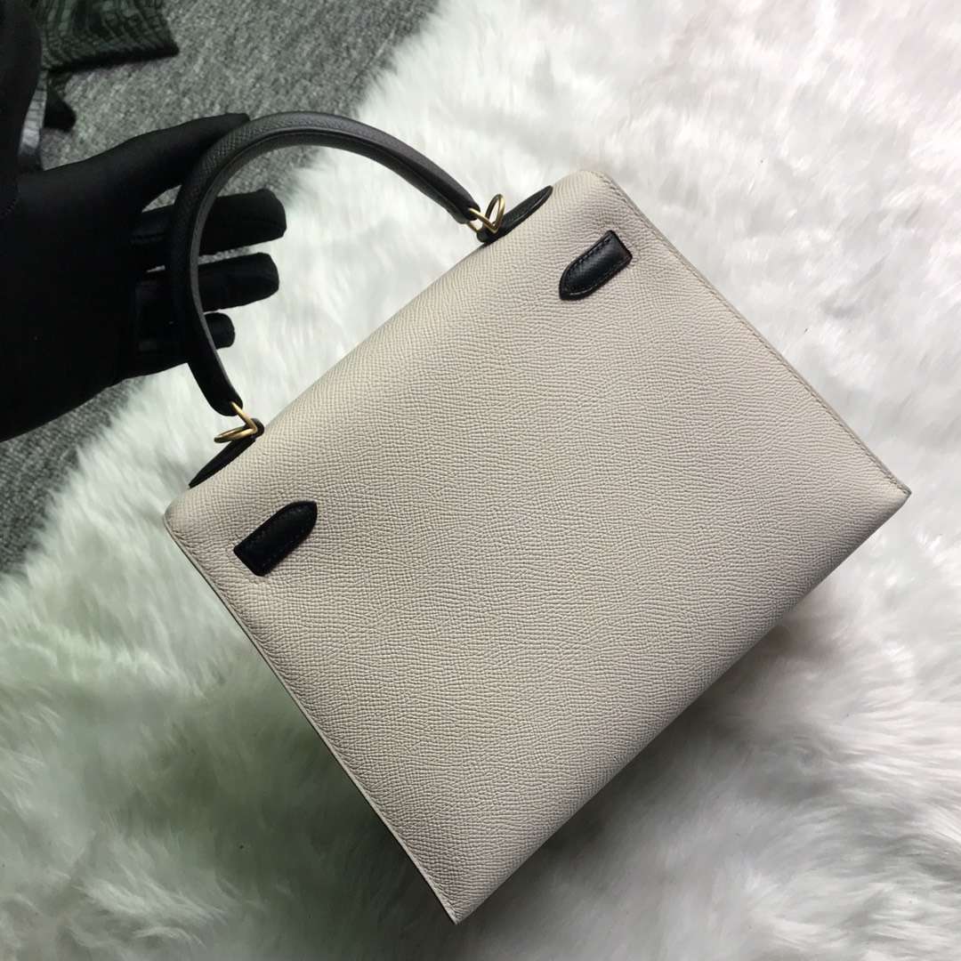 Sale Hermes CK10 Craie/CK89 Black Epsom Calfskin Kelly25CM Bag Gold Hardware