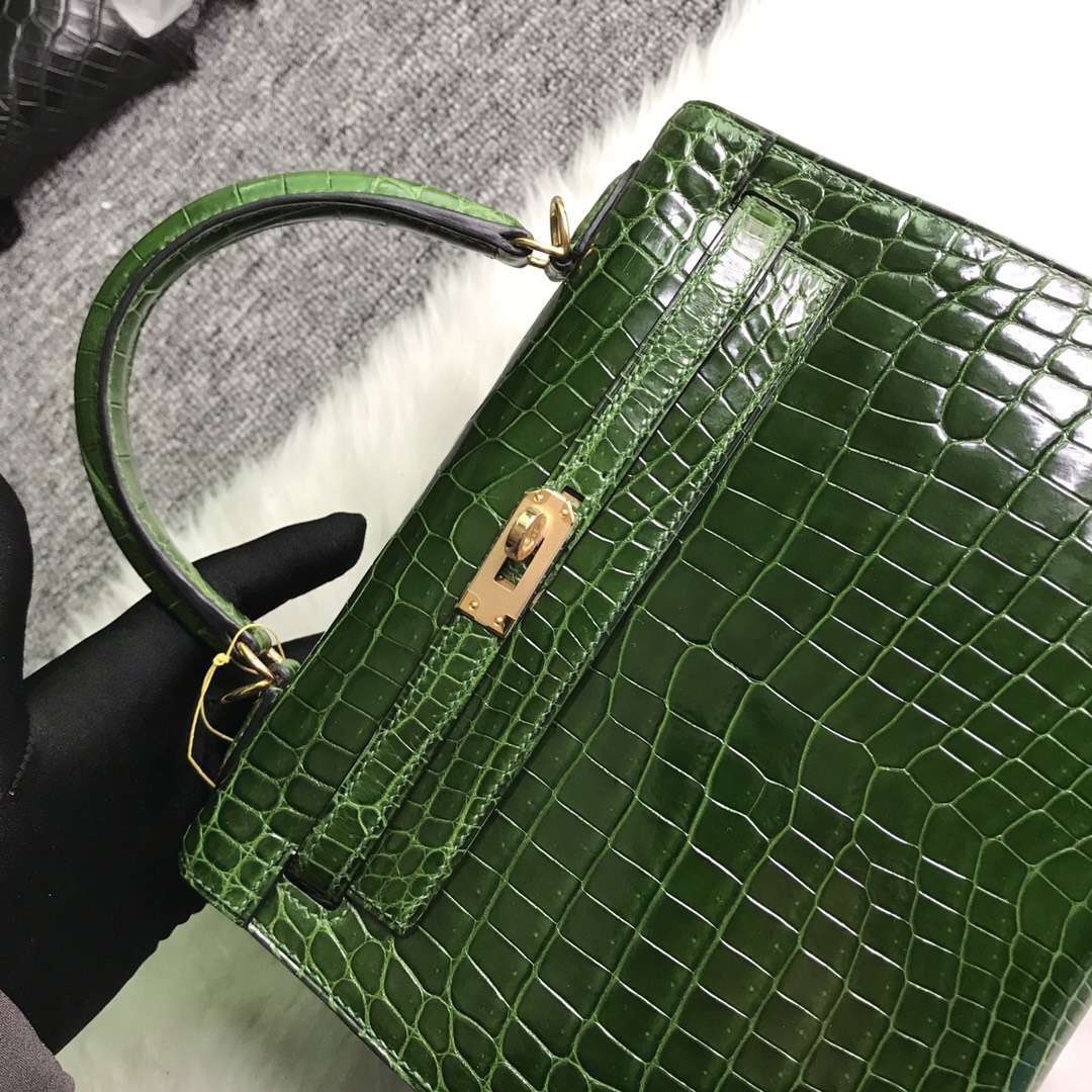 Luxury Hermes Shiny Crocodile Leather Kelly Bag25CM in CK67 Vert Fonce Gold Hardware