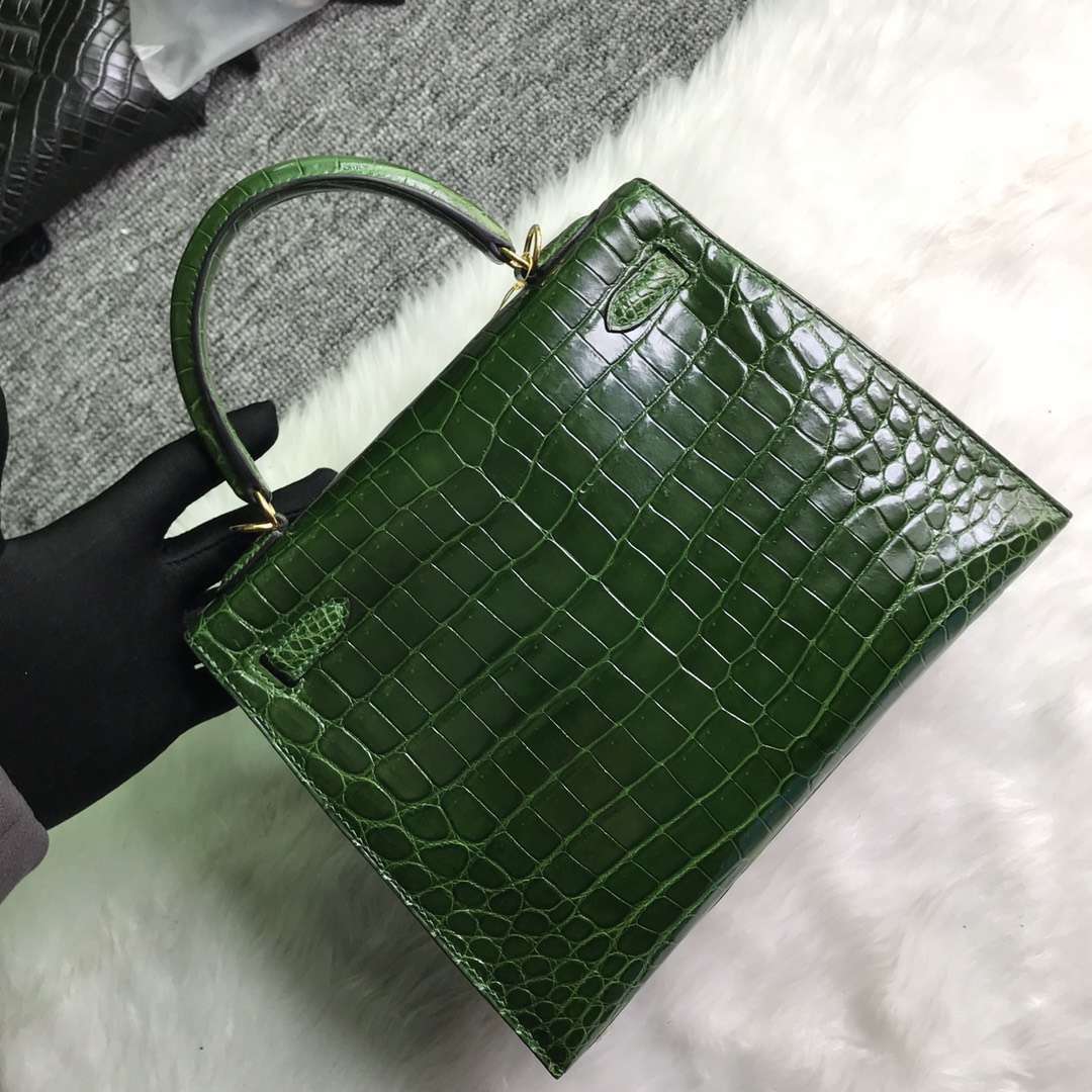 Luxury Hermes Shiny Crocodile Leather Kelly Bag25CM in CK67 Vert Fonce Gold Hardware