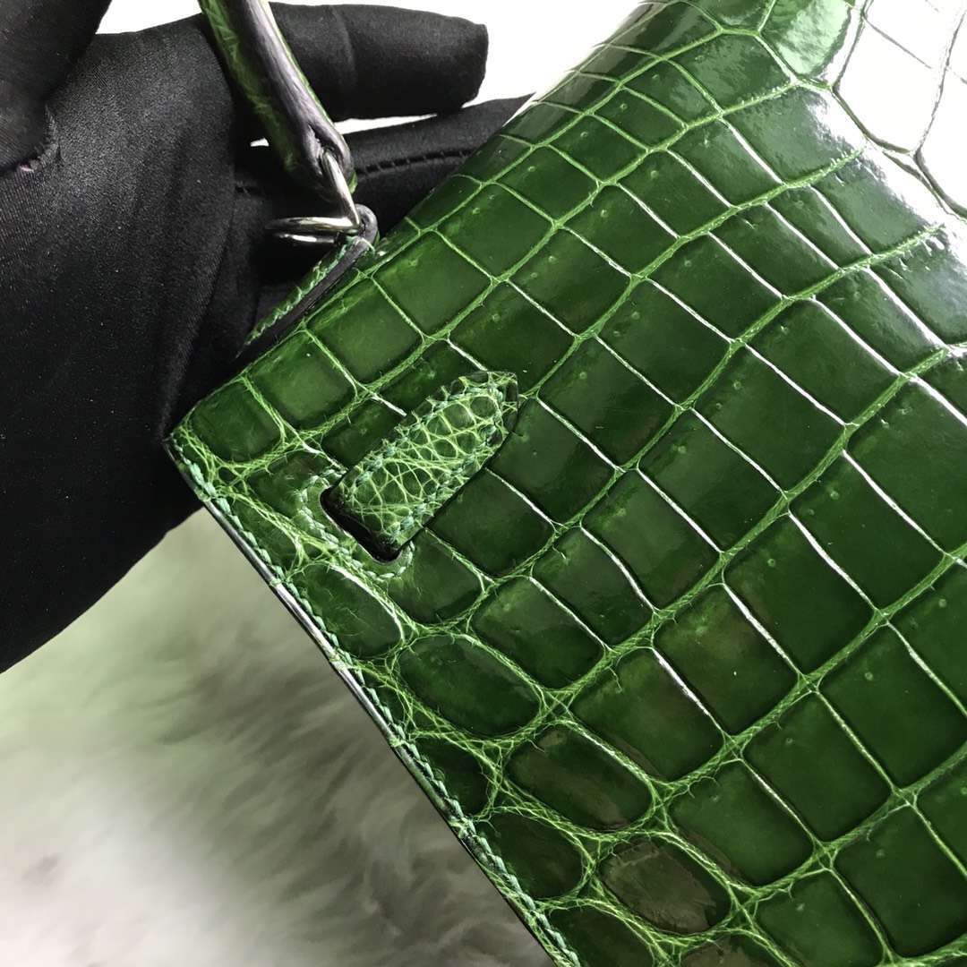 Noble Hermes CK67 Vert Fonce Shiny Crocodile Kelly Bag25cm Silver Hardware