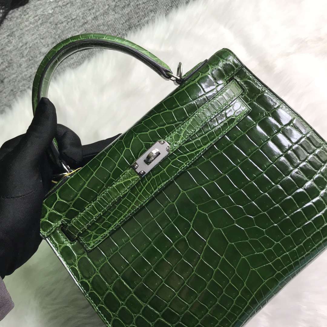 Noble Hermes CK67 Vert Fonce Shiny Crocodile Kelly Bag25cm Silver Hardware
