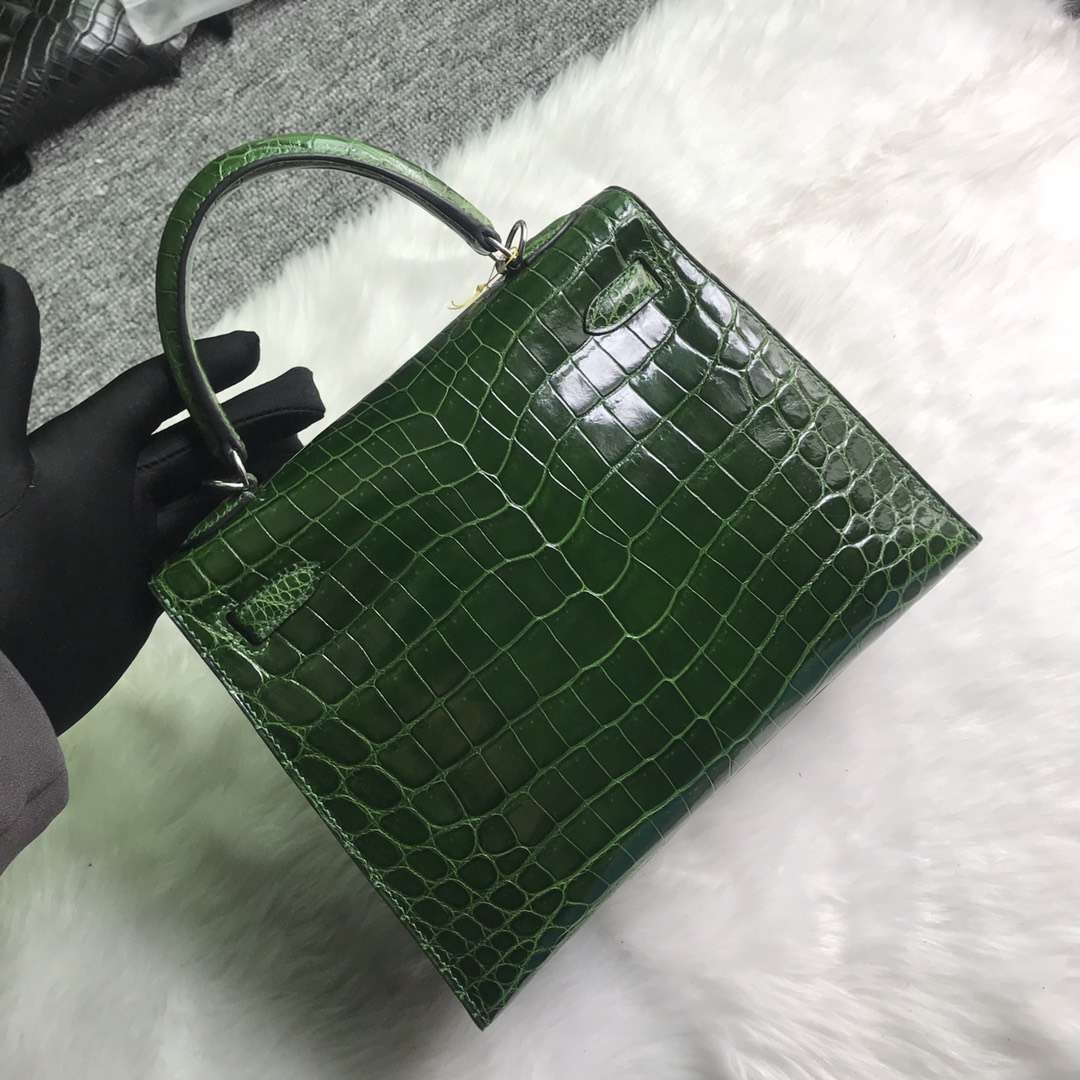 Noble Hermes CK67 Vert Fonce Shiny Crocodile Kelly Bag25cm Silver Hardware