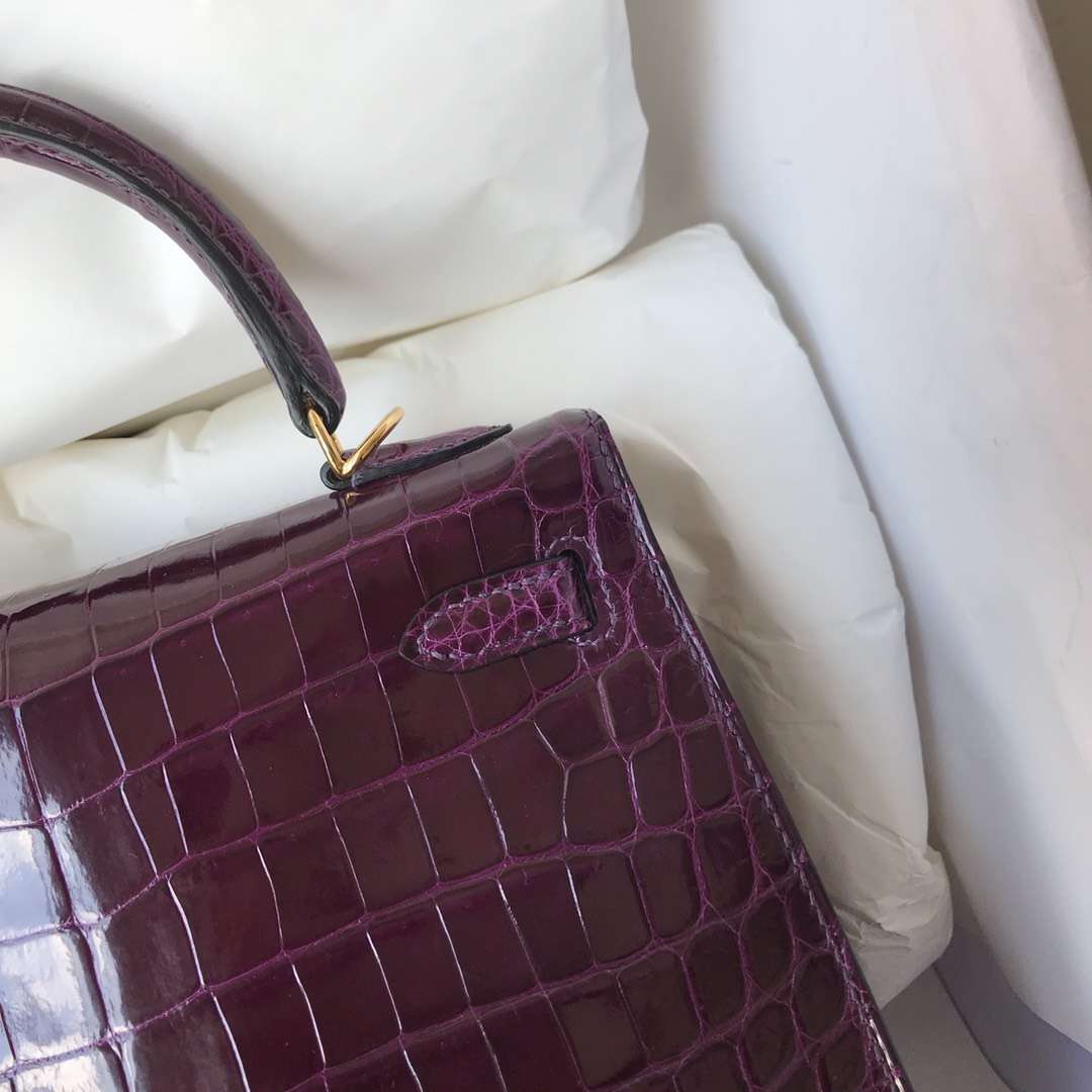 Noble Hermes N5 Cassis Purple Shiny Crocodile Leather Kelly25CM Bag Gold Hardware