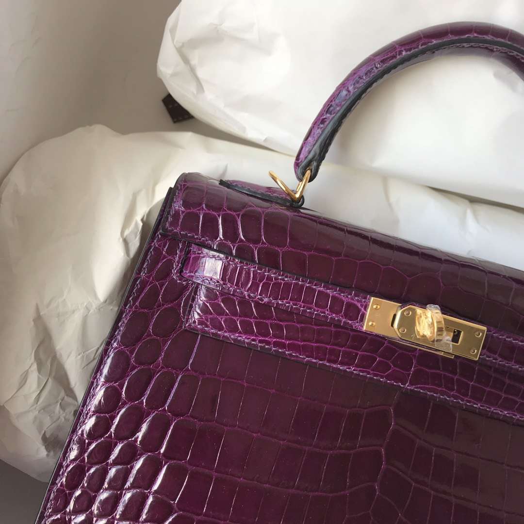 Noble Hermes N5 Cassis Purple Shiny Crocodile Leather Kelly25CM Bag Gold Hardware