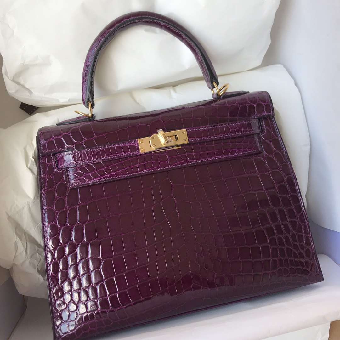 Noble Hermes N5 Cassis Purple Shiny Crocodile Leather Kelly25CM Bag Gold Hardware