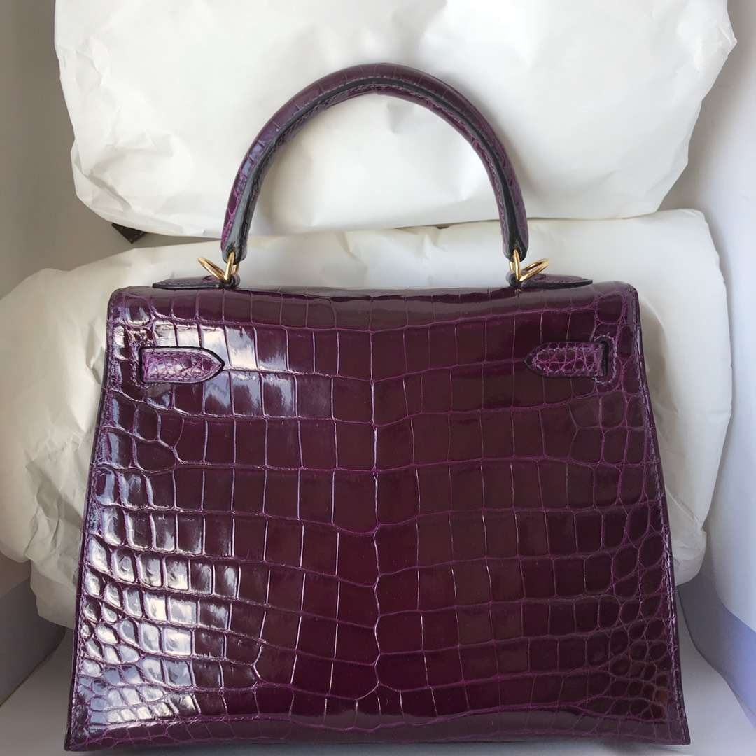Noble Hermes N5 Cassis Purple Shiny Crocodile Leather Kelly25CM Bag Gold Hardware