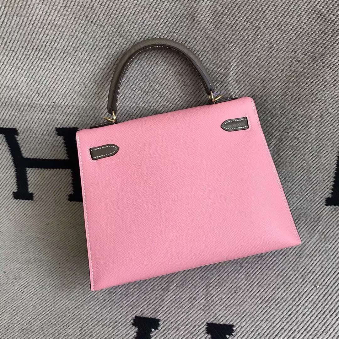 Pretty Hermes 1Q Rose Confetti/CK18 Etoupe Grey Epsom Calfskin Kelly25CM Bag