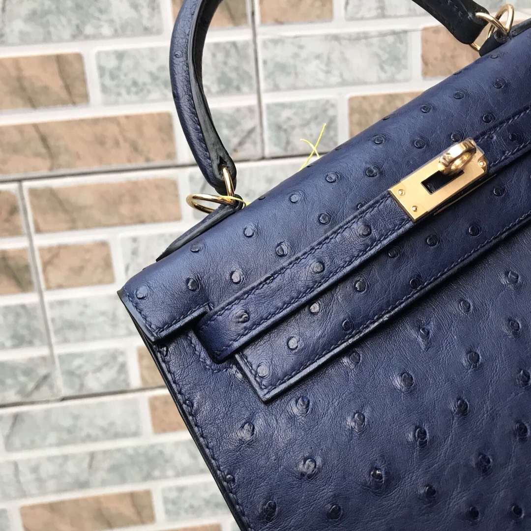 Noble Hermes Blue Saphir Ostrich Leather Kelly25cm Bag Gold Hardware