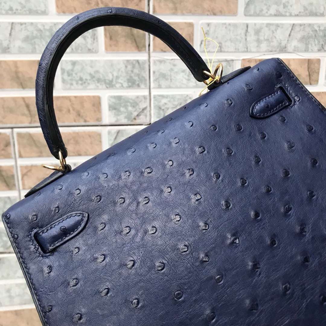 Noble Hermes Blue Saphir Ostrich Leather Kelly25cm Bag Gold Hardware