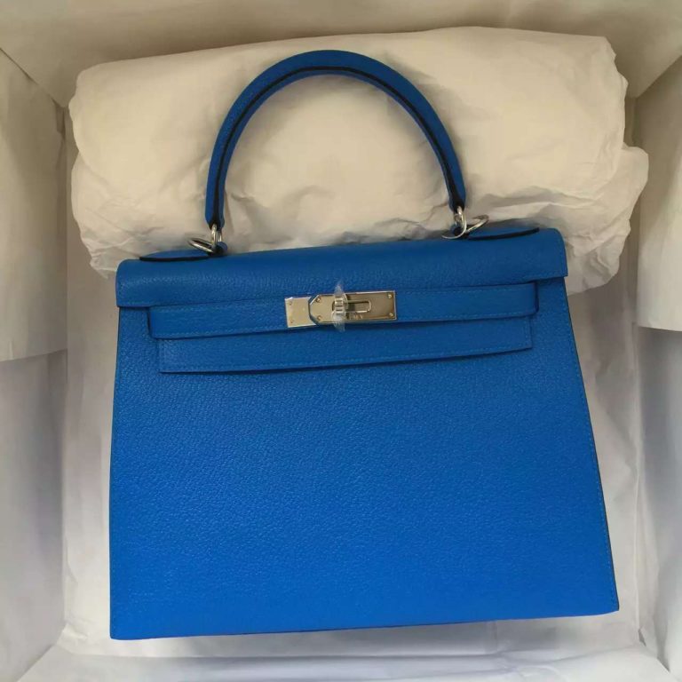 Hermes Kelly Bag 28CM T7 Blue Hydra Chevre Leather Womens Tote Bag