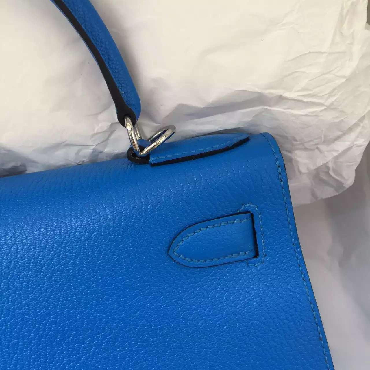 Discount Hermes Kelly Bag28CM T7 Blue Hydra Chevre Leather Women&#8217;s Tote Bag