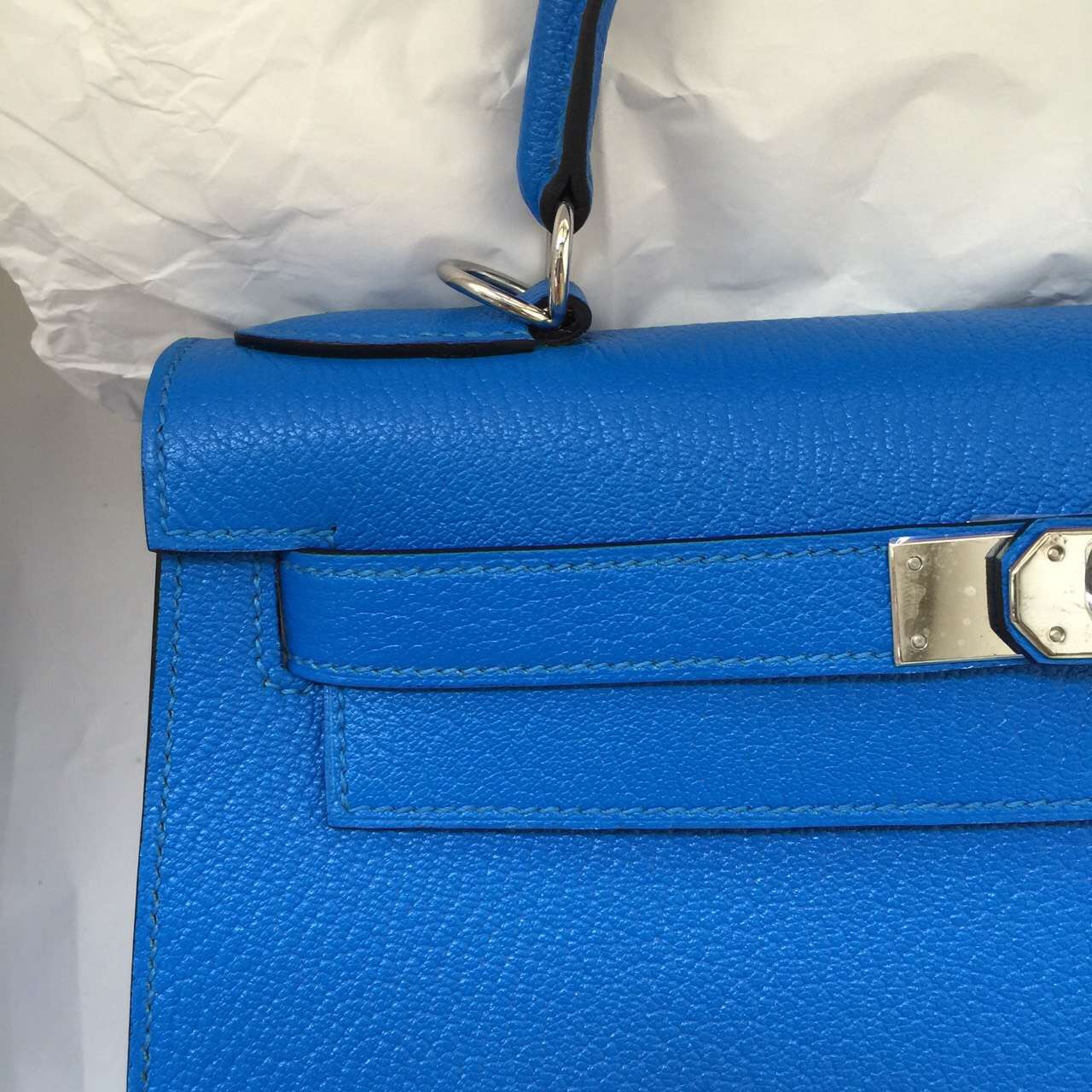 Discount Hermes Kelly Bag28CM T7 Blue Hydra Chevre Leather Women&#8217;s Tote Bag