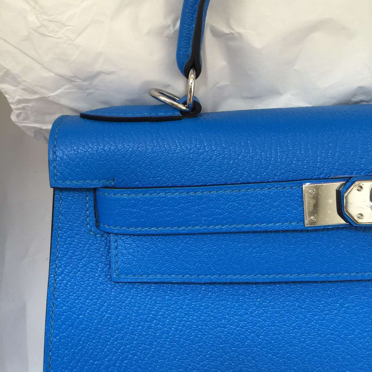 Discount Hermes Kelly Bag28CM T7 Blue Hydra Chevre Leather Women’s Tote Bag