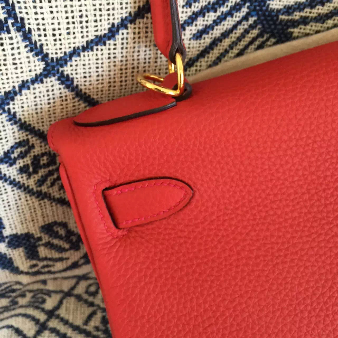 Hand Stitching Hermes D5 Geranium Red Togo Leather Retourne Kelly Bag28CM