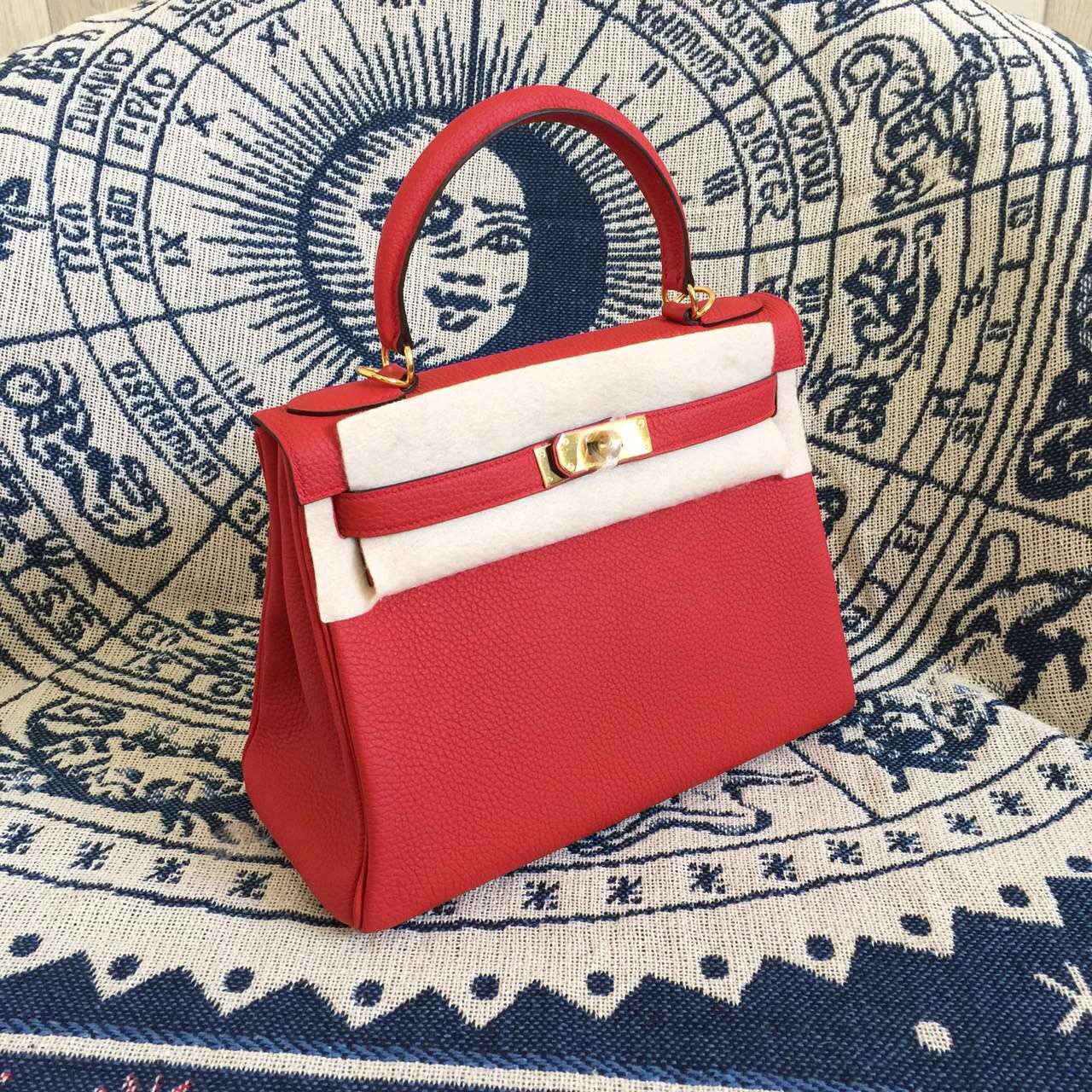 Hand Stitching Hermes D5 Geranium Red Togo Leather Retourne Kelly Bag28CM
