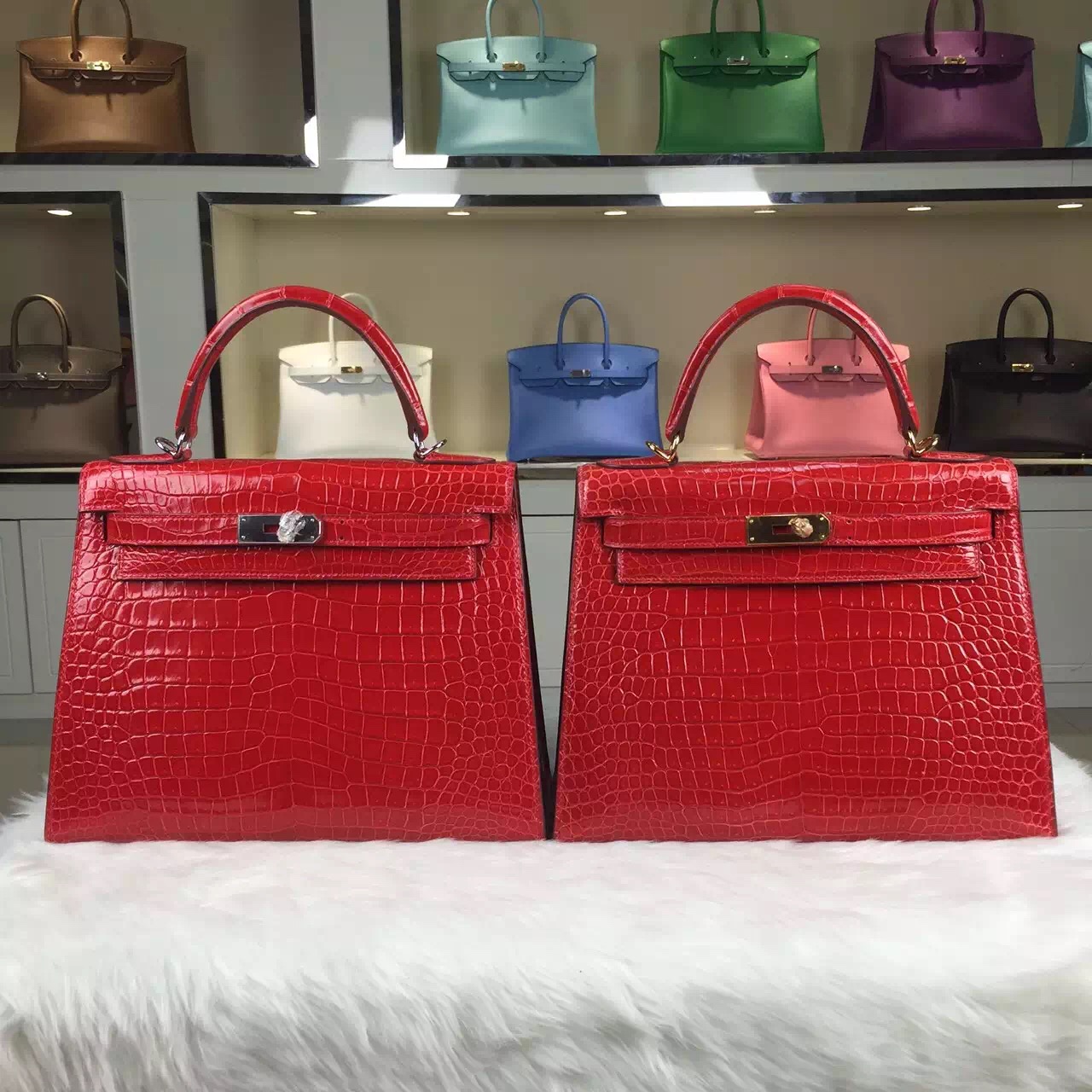 Luxury Hermes CK95 Ferrari Red Crocodile Leather Kelly Bag 28CM Gold Hardware