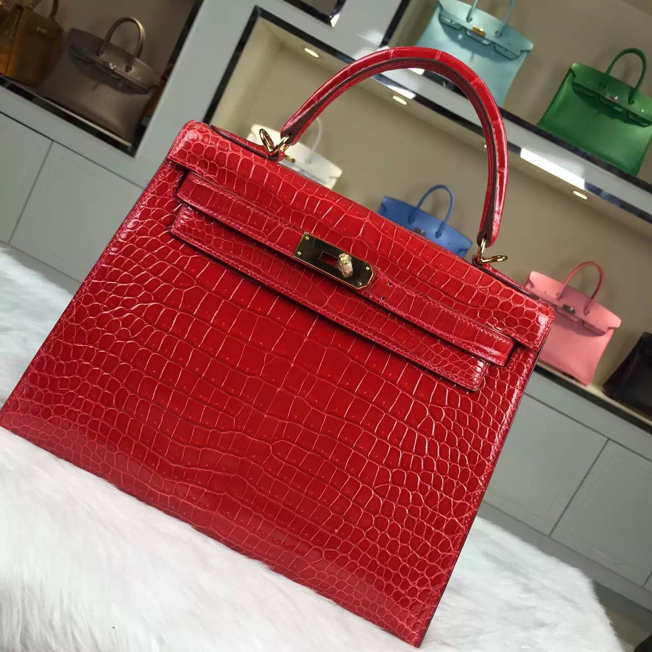 Luxury Hermes CK95 Ferrari Red Crocodile Leather Kelly Bag 28CM Gold Hardware