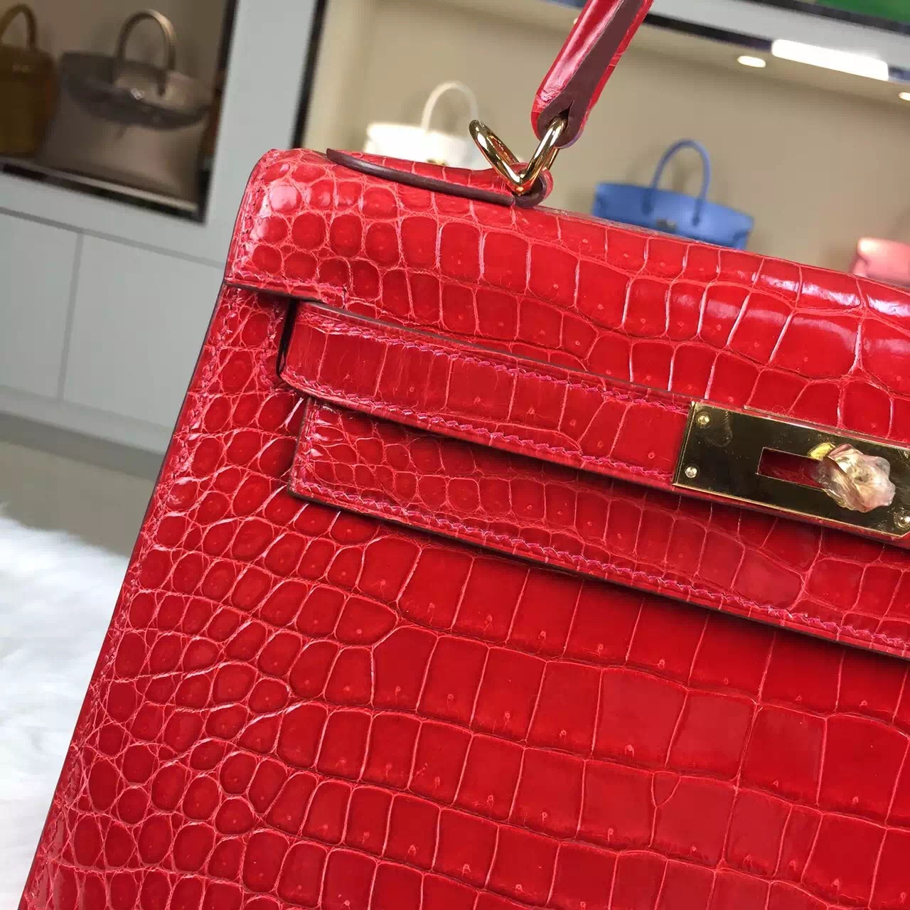 Luxury Hermes CK95 Ferrari Red Crocodile Leather Kelly Bag 28CM Gold Hardware