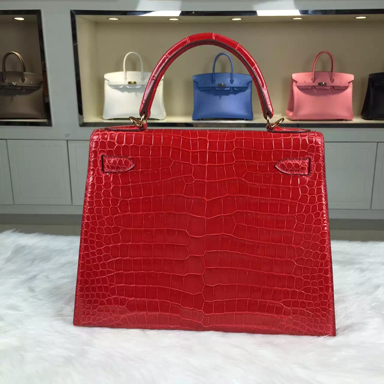 Luxury Hermes CK95 Ferrari Red Crocodile Leather Kelly Bag 28CM Gold Hardware