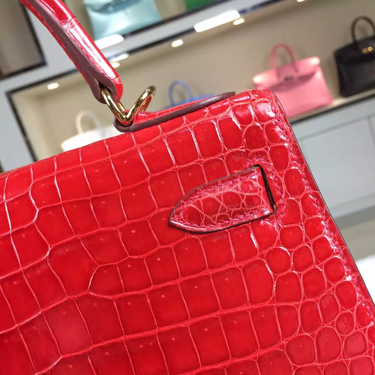 Luxury Hermes CK95 Ferrari Red Crocodile Leather Kelly Bag 28CM Gold Hardware