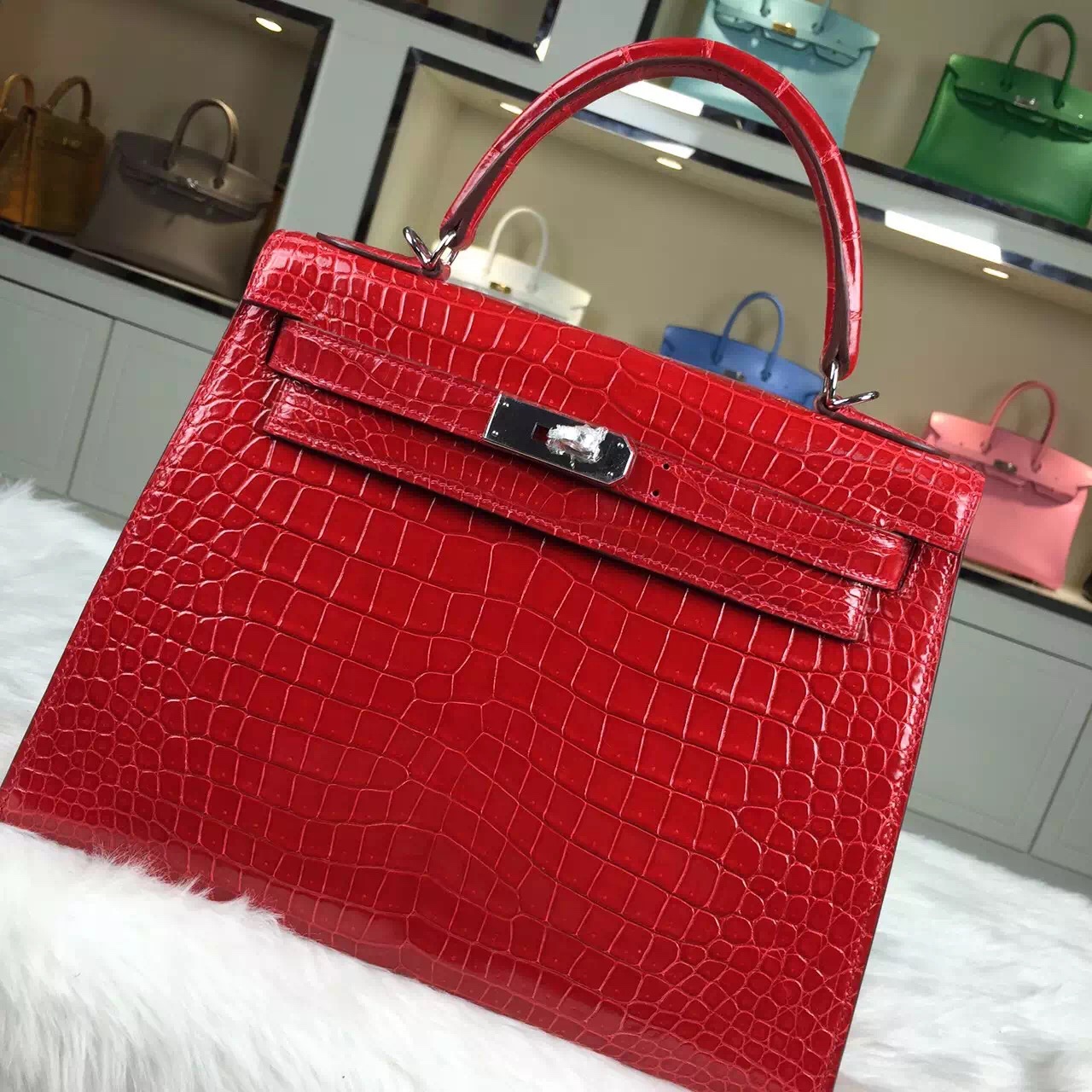 High Quality Hermes Kelly Bag28CM CK95 Ferrari Red Crocodile Skin Silver Hardware