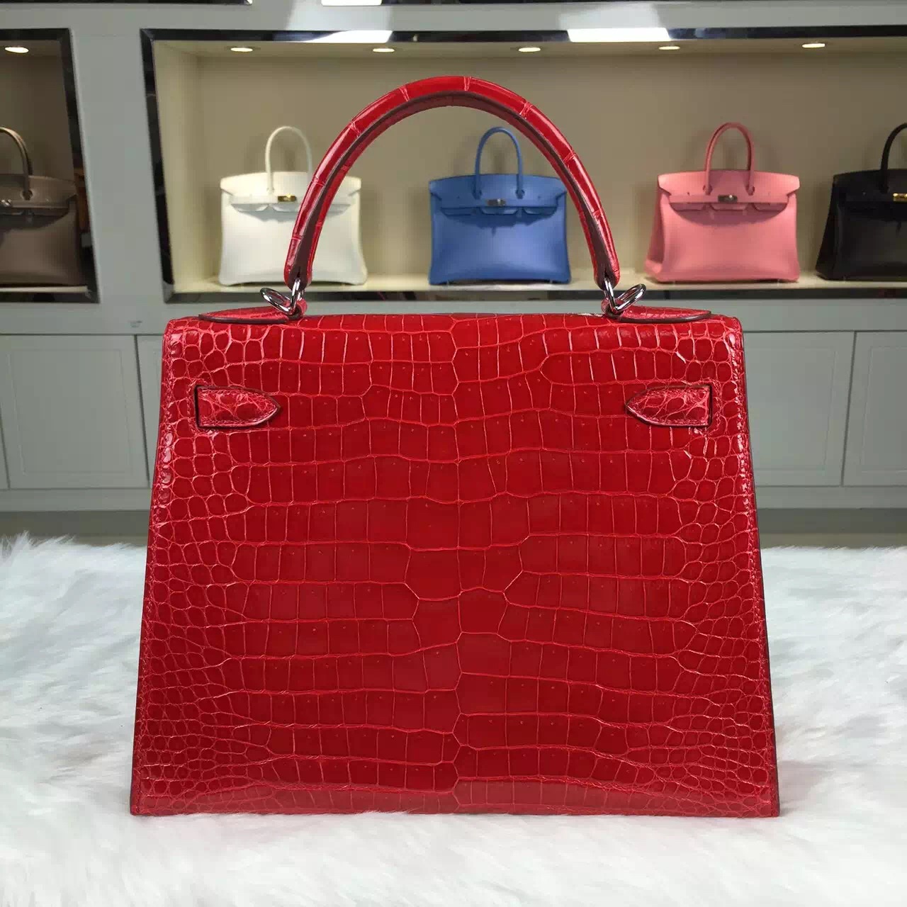 High Quality Hermes Kelly Bag28CM CK95 Ferrari Red Crocodile Skin Silver Hardware
