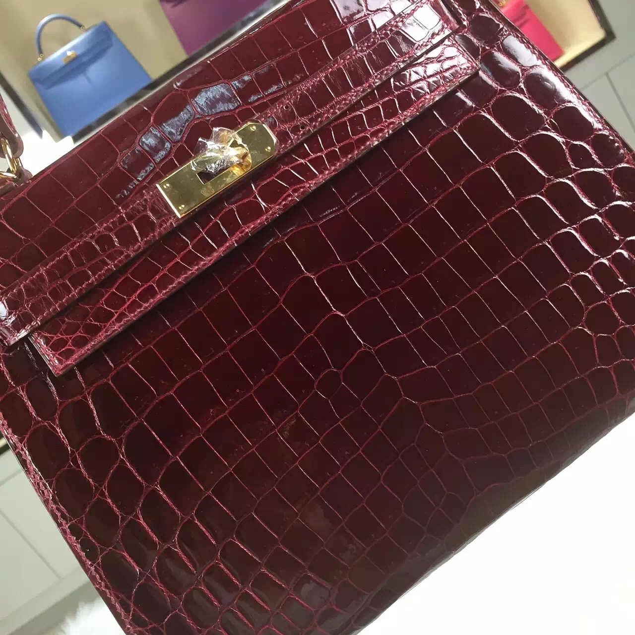 Wholesale Hermes Crocodile Skin Kelly Bag 28CM in F5 Bourgogne Red
