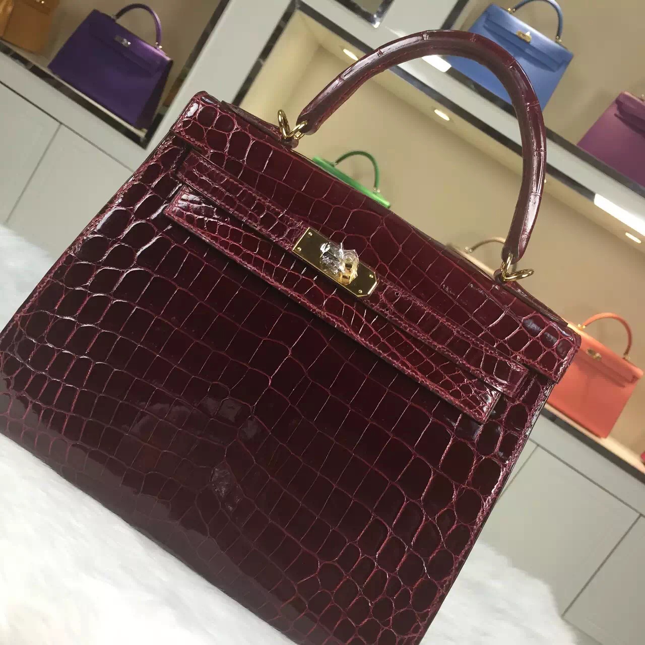 Wholesale Hermes Crocodile Skin Kelly Bag 28CM in F5 Bourgogne Red
