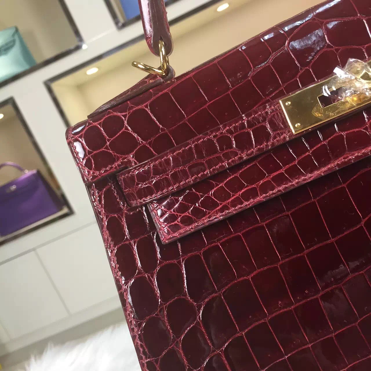 Wholesale Hermes Crocodile Skin Kelly Bag 28CM in F5 Bourgogne Red
