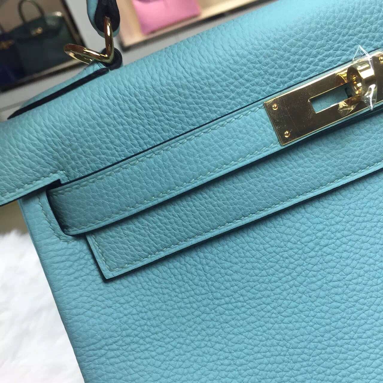 Wholesale Hermes 3P Lagon Blue Original Togo Leather Retourne Kelly Bag28CM