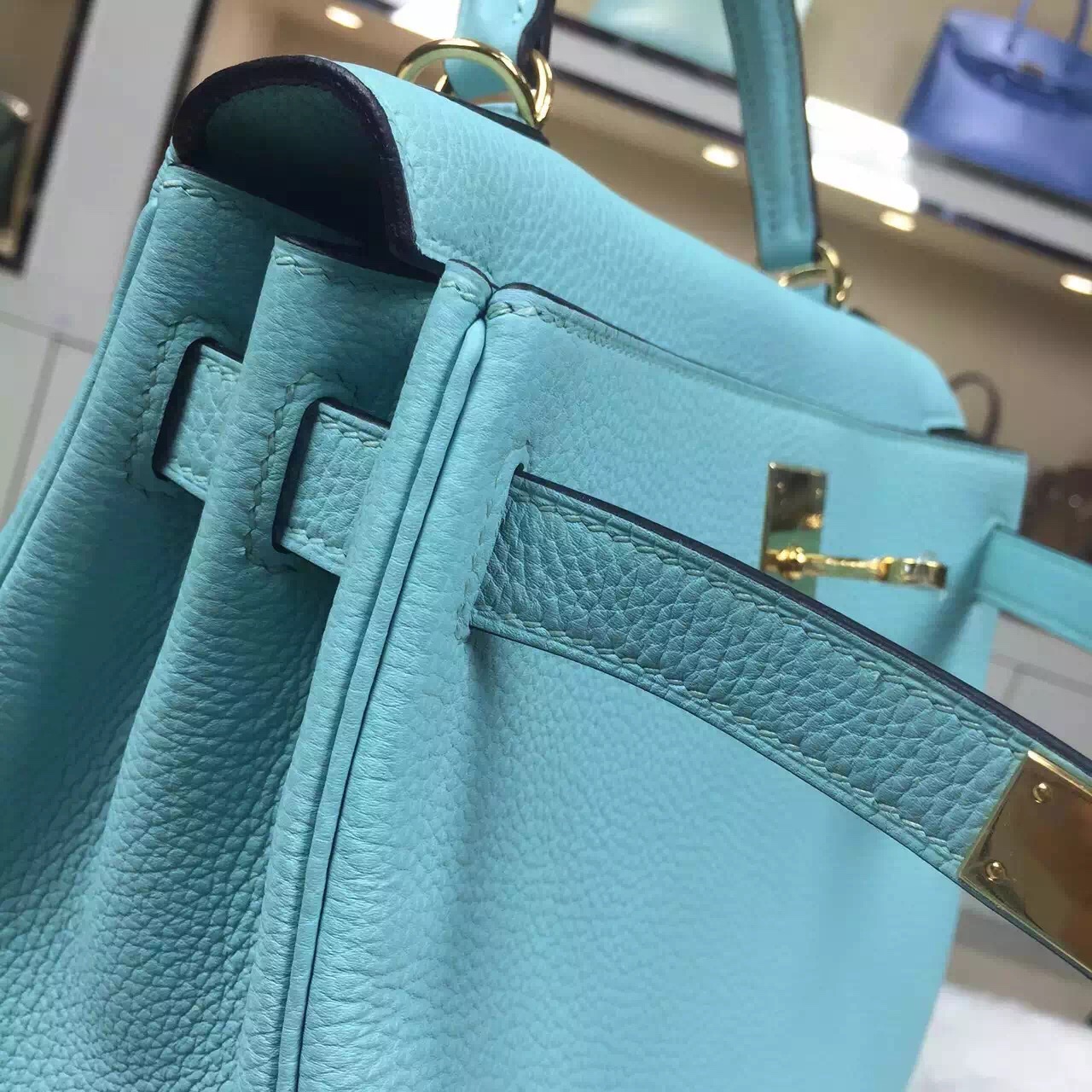 Wholesale Hermes 3P Lagon Blue Original Togo Leather Retourne Kelly Bag28CM