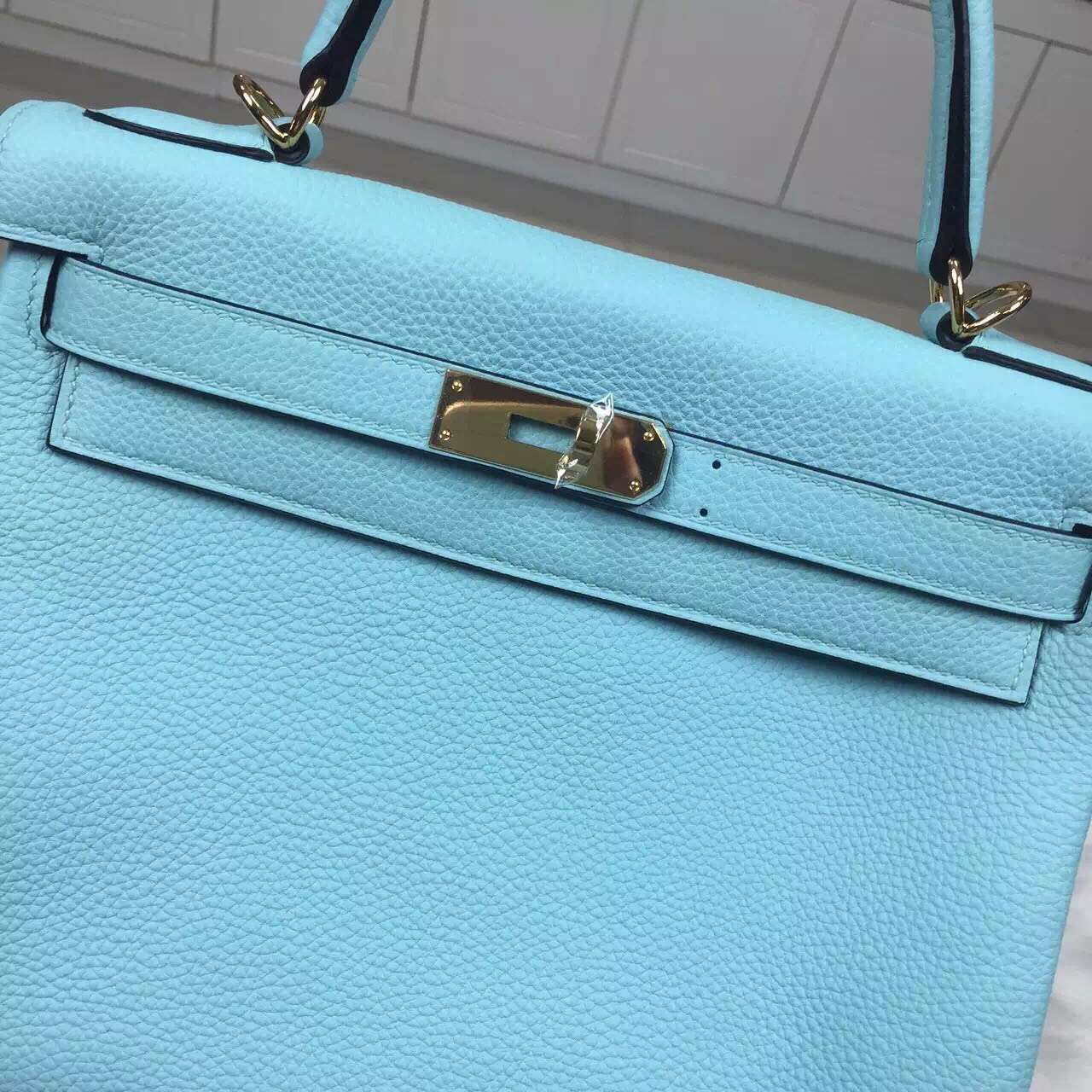 Wholesale Hermes 3P Lagon Blue Original Togo Leather Retourne Kelly Bag28CM