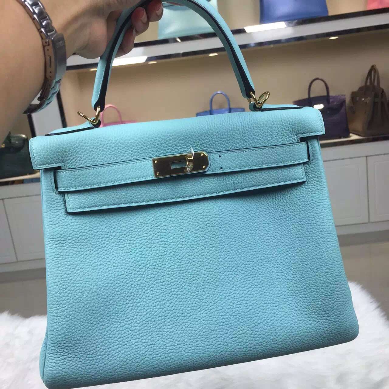 Wholesale Hermes 3P Lagon Blue Original Togo Leather Retourne Kelly Bag28CM