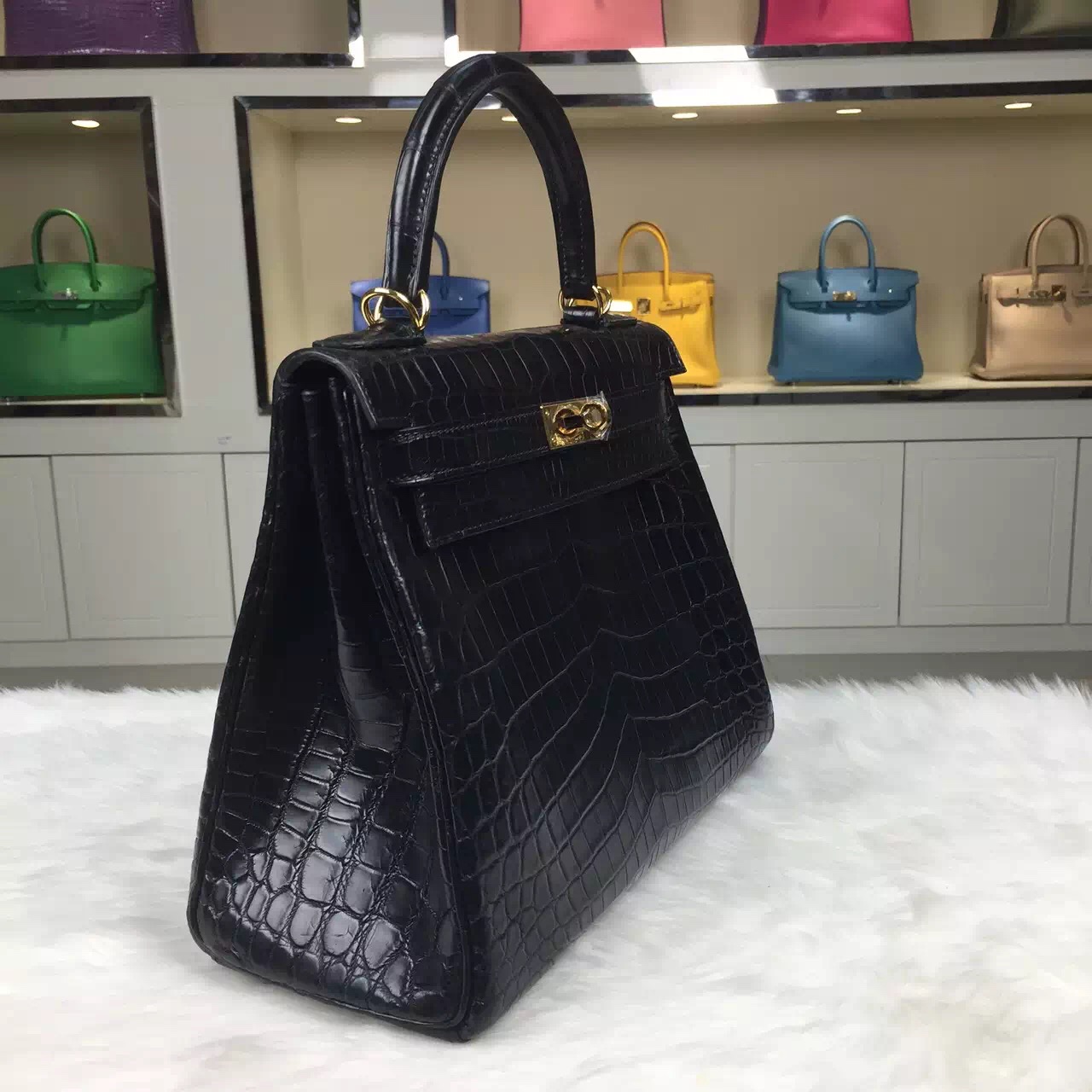 Hand Stitching Hermes CK89 Black Crocodile Skin Retourne Kelly Bag28CM