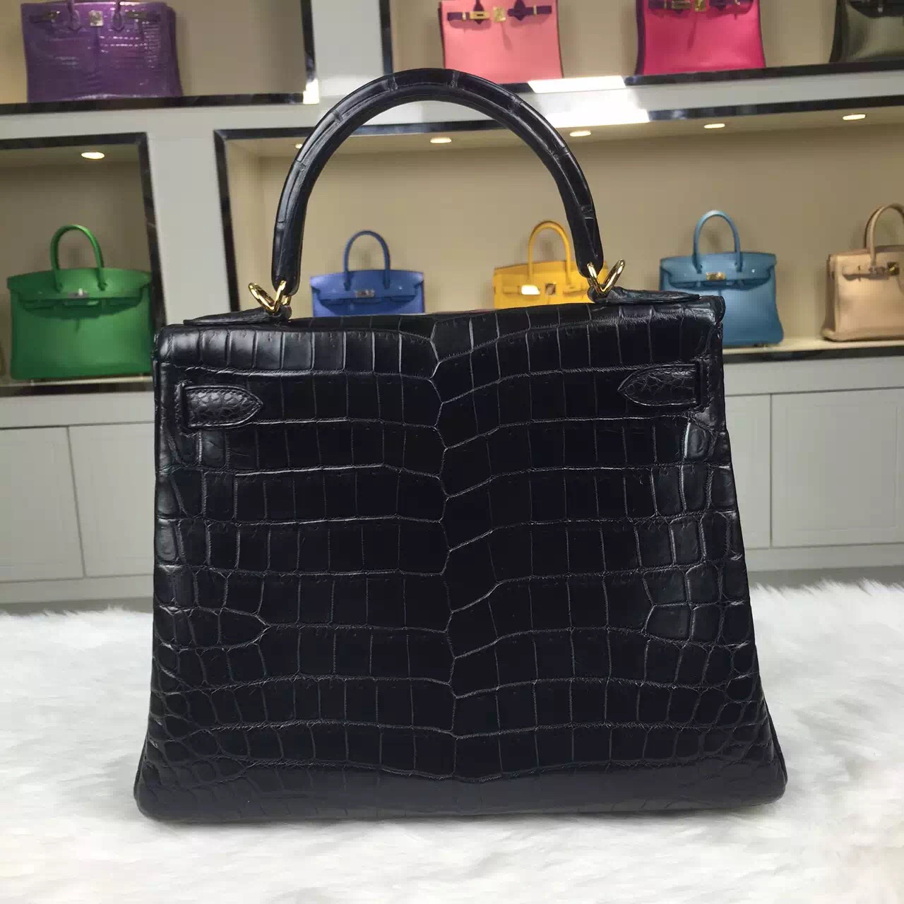 Hand Stitching Hermes CK89 Black Crocodile Skin Retourne Kelly Bag28CM
