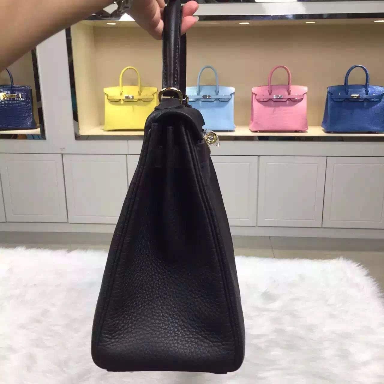 Luxury Hermes CK89 Black Original Togo Leather Retourne Kelly Bag28CM