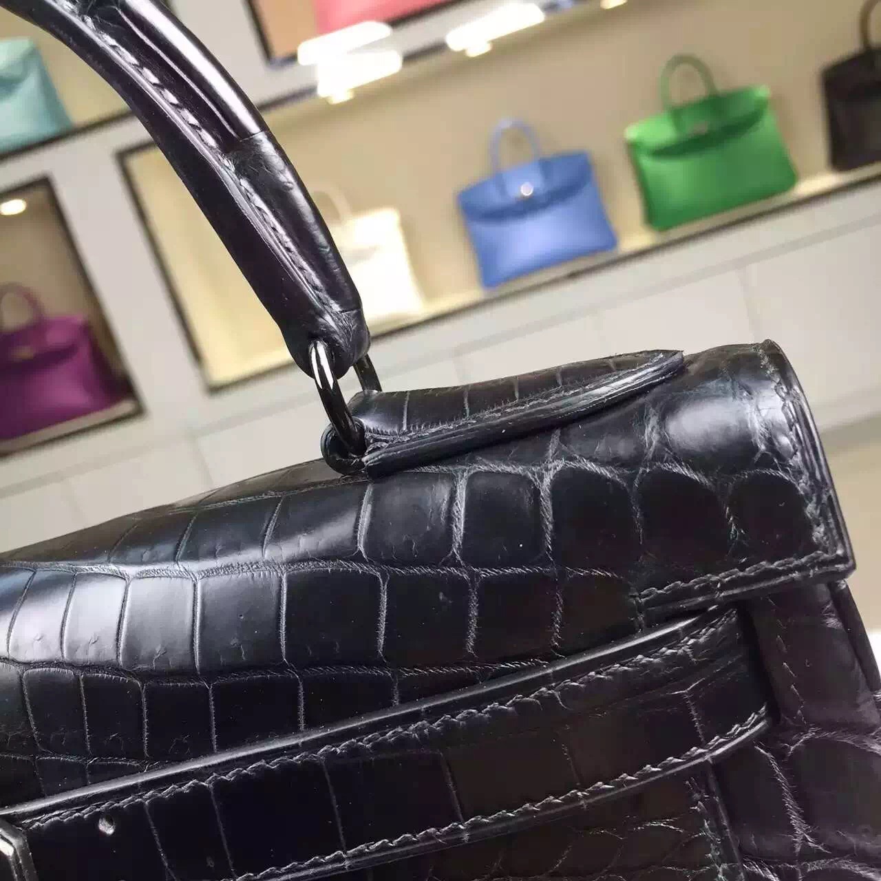 Wholesale Hermes Black Crocodile Leather Kelly Bag 28CM with Black Buckle