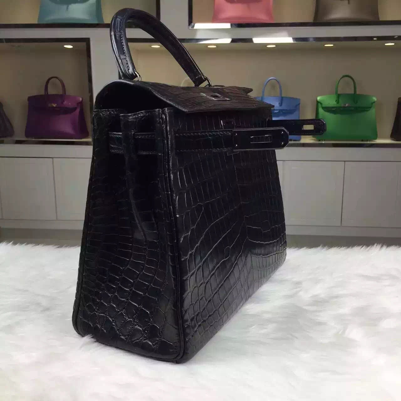 Wholesale Hermes Black Crocodile Leather Kelly Bag 28CM with Black Buckle